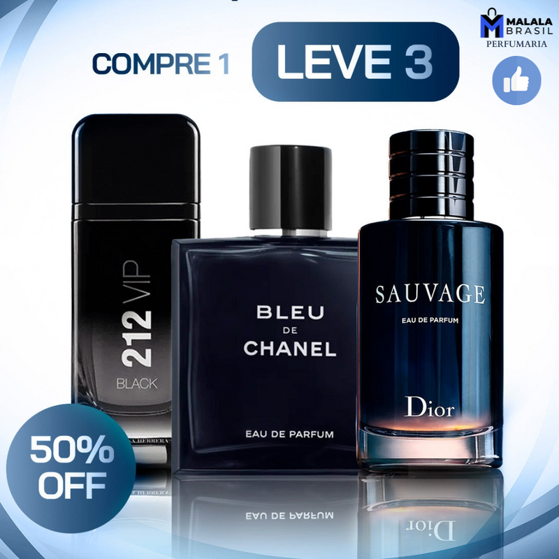 [OFERTA LIQUIDA JANEIRO 2025] - Kit 3 Perfumes Masculinos Importados (100ml cada) - Sauvage Dior | Bleu de Chanel| 212 VIP Black