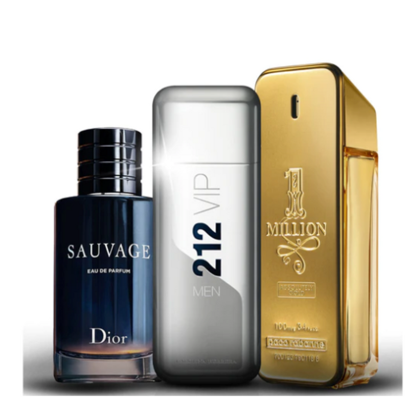 Kit 3 Perfumes Masculinos Importados (100ml) - 1 million | 212 vip | Sauvage dior - [QUEIMA DE ESTOQUE NATAL]